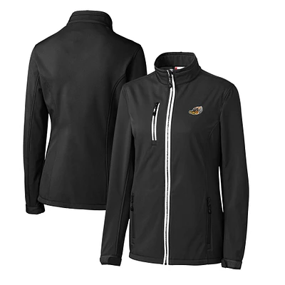 Women's Cutter & Buck Black Akron RubberDucks Clique Telemark Eco Stretch Softshell Full-Zip Jacket