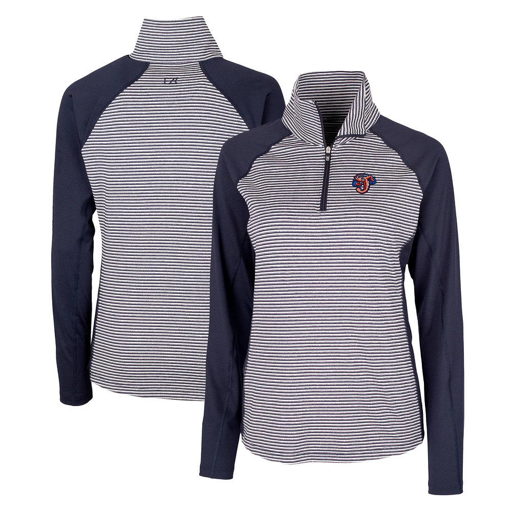 Women's Cutter & Buck Navy Jacksonville Jumbo Shrimp Forge DryTec Tonal Stripe Stretch Half-Zip Top