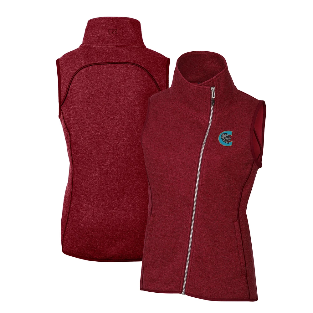 Women's Cutter & Buck Heather Red Charlotte Knights Mainsail Sweater Knit Asymmetrical Full-Zip Vest