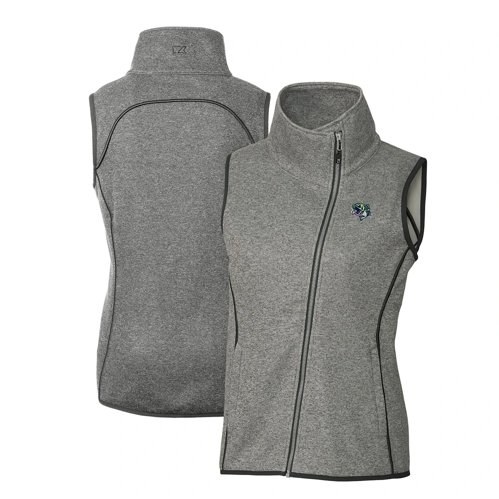 Women's Cutter & Buck Heather Gray Gwinnett Stripers Mainsail Sweater Knit Asymmetrical Full-Zip Vest