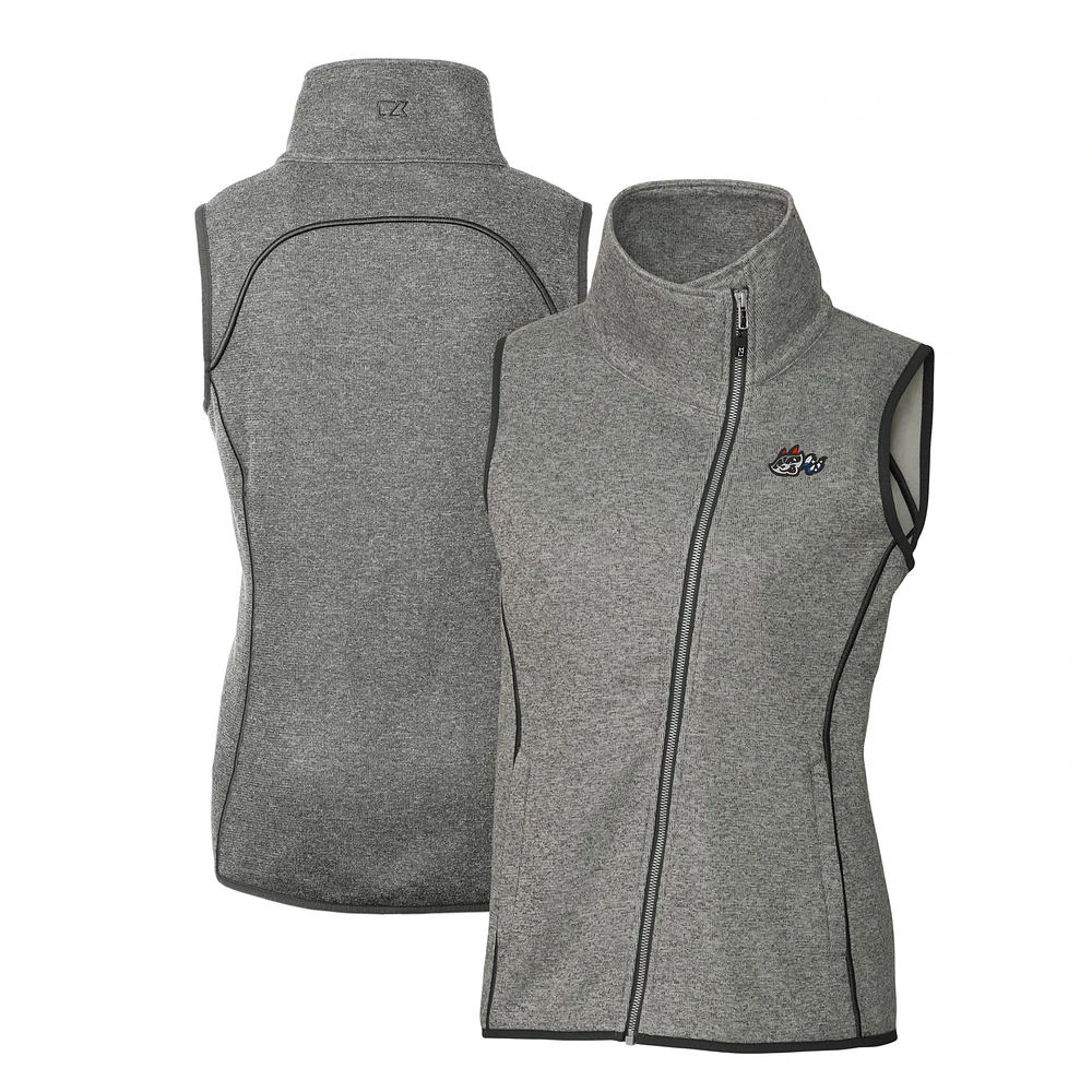 Women's Cutter & Buck Heather Gray Rocket City Trash Pandas Mainsail Sweater Knit Asymmetrical Full-Zip Vest