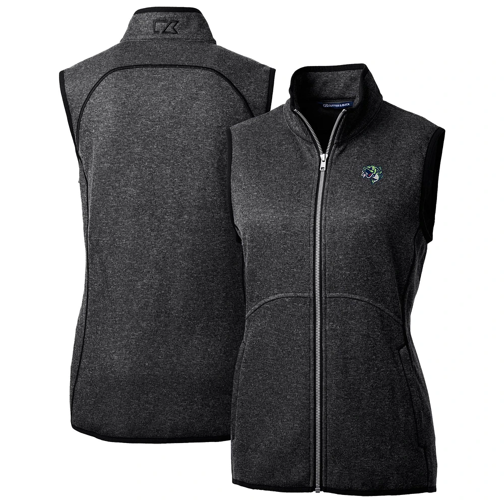 Women's Cutter & Buck Heather Charcoal Gwinnett Stripers Mainsail Sweater Knit Full-Zip Vest