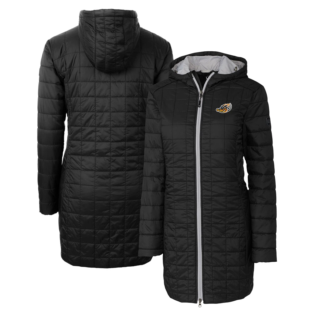 Women's Cutter & Buck Black Akron RubberDucks Rainier Primaloft Eco Insulated Hooded Long Coat