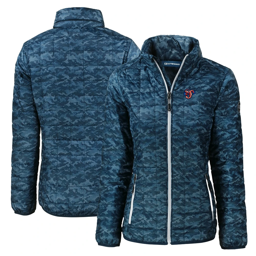 Women's Cutter & Buck Navy Jacksonville Jumbo Shrimp Rainier PrimaLoft Eco Insulated Camo Full-Zip Puffer Jacket