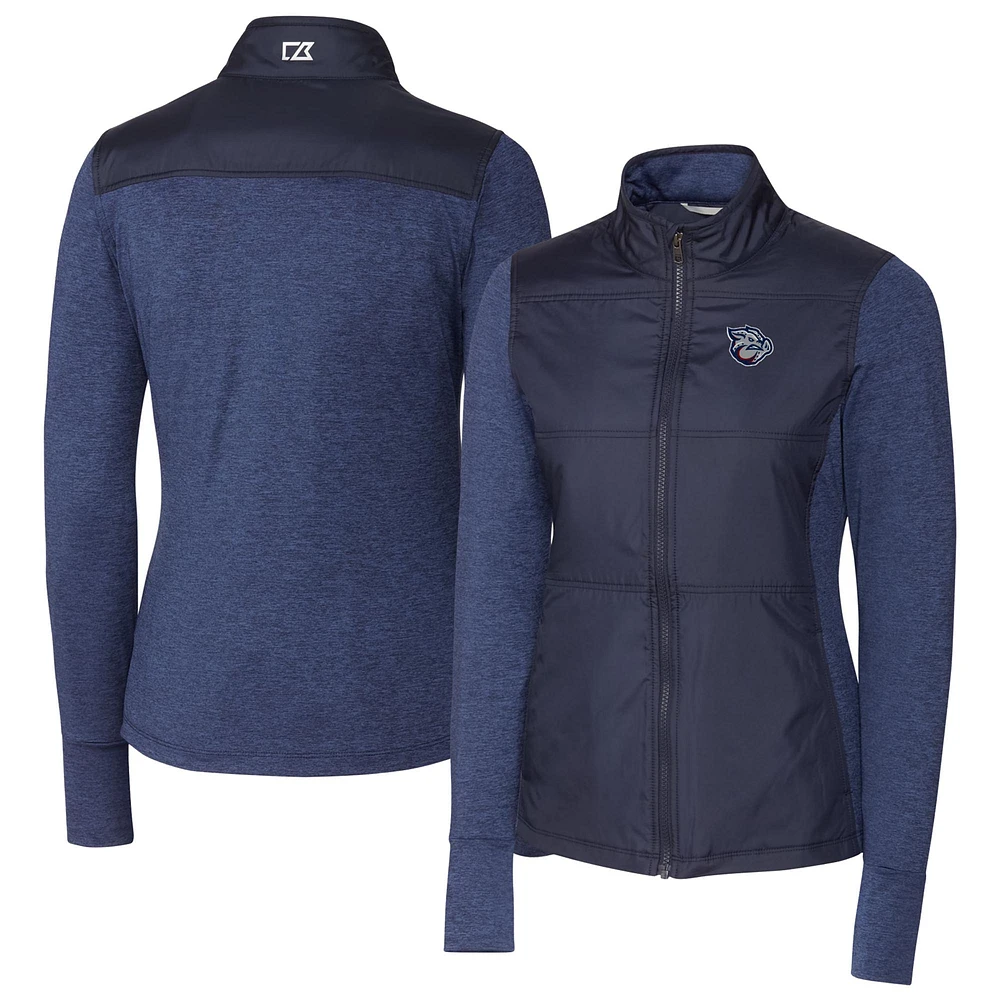 Women's Cutter & Buck Navy Lehigh Valley IronPigs Stealth DryTec Hybrid Quilted Full-Zip Windbreaker Jacket