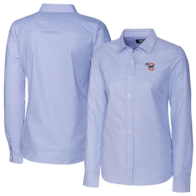 Women's Cutter & Buck Blue Iowa Cubs Stretch Oxford Stripe Long Sleeve Button-Up Dress Shirt
