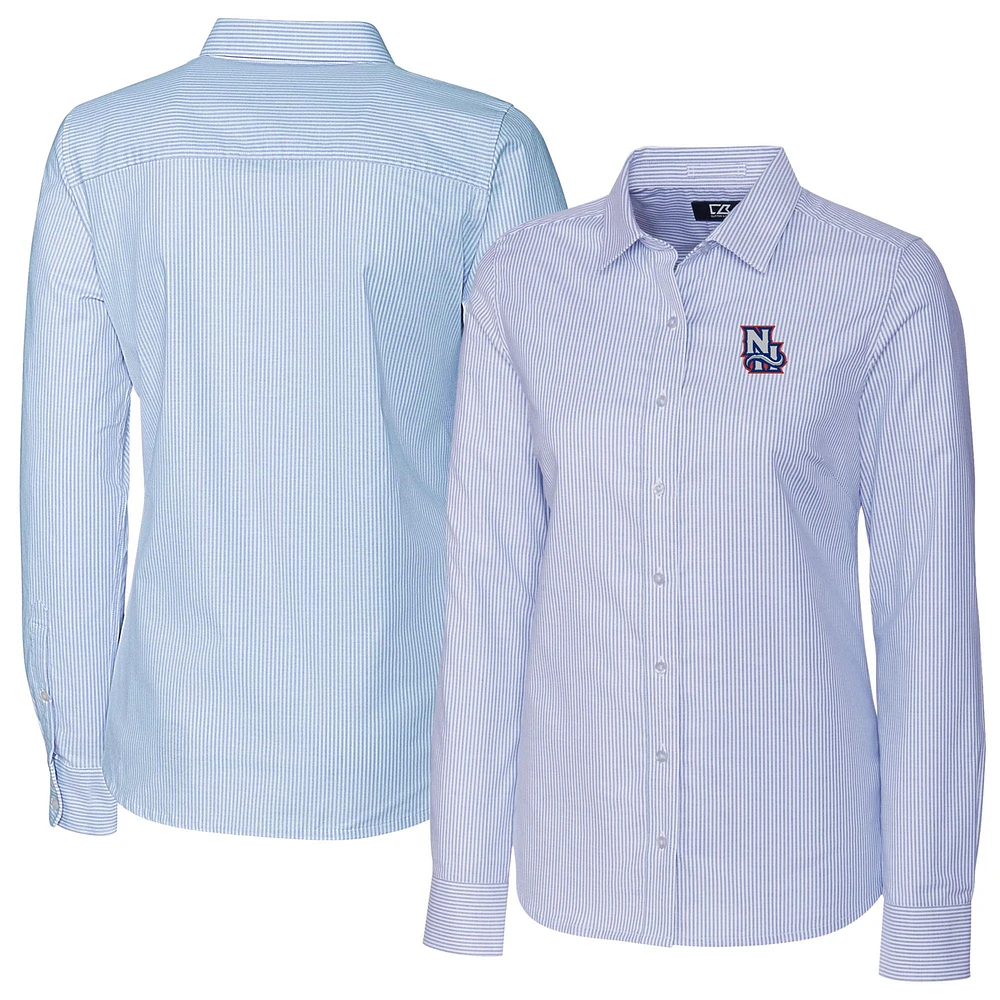 Women's Cutter & Buck Light Blue New Hampshire Fisher Cats Stretch Oxford Stripe Long Sleeve Button-Up Dress Shirt