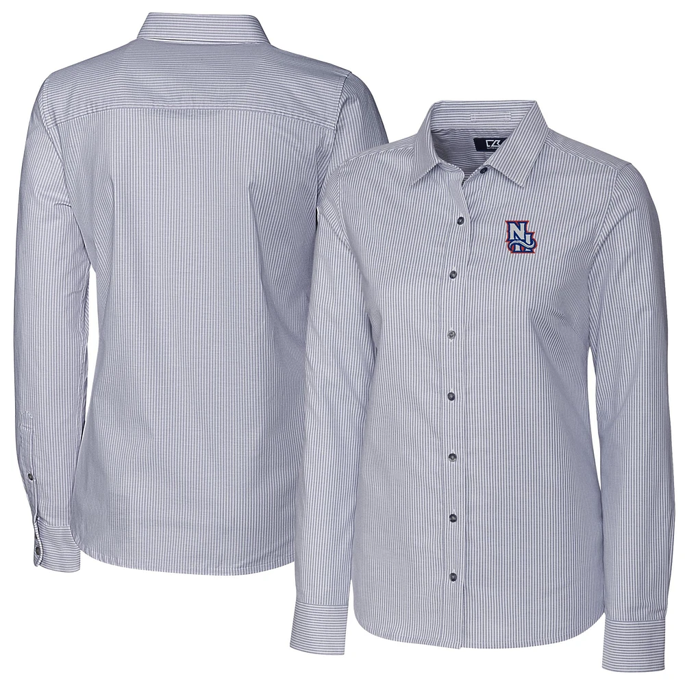 Women's Cutter & Buck Charcoal New Hampshire Fisher Cats Stretch Oxford Stripe Long Sleeve Button-Up Dress Shirt