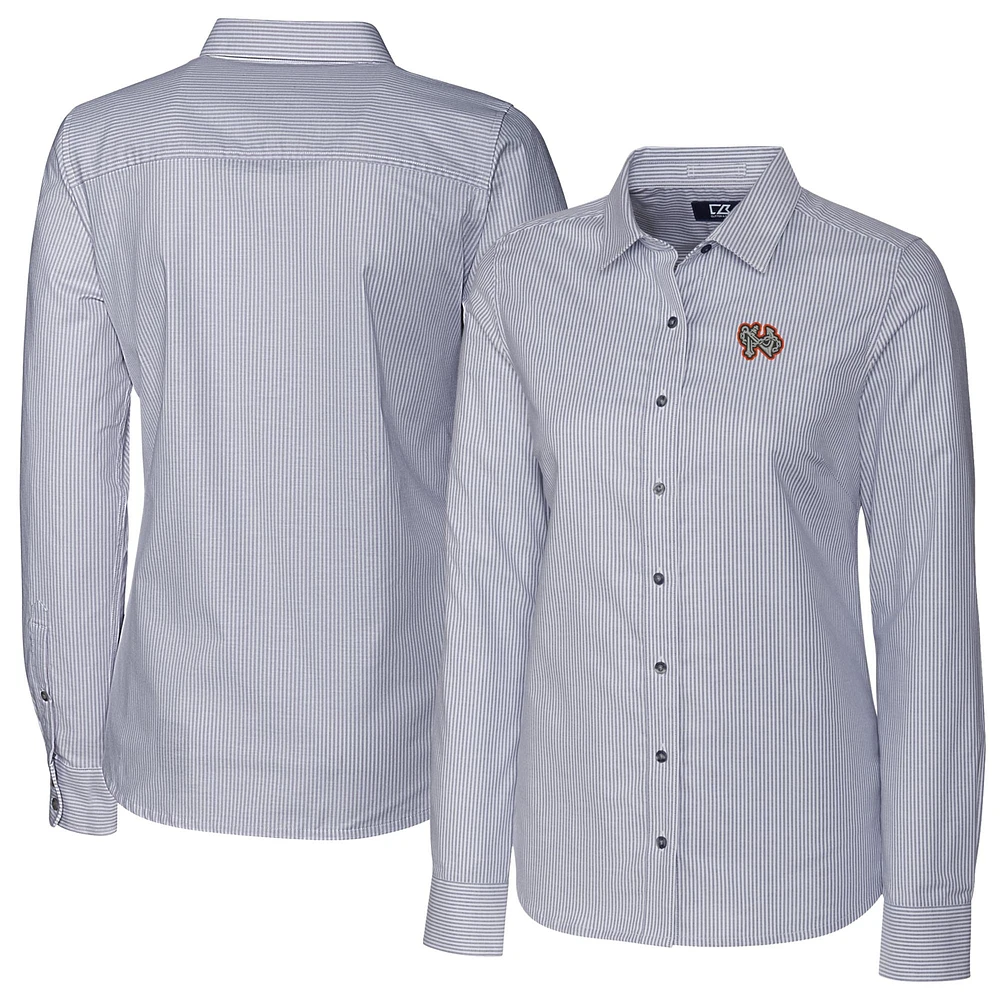 Women's Cutter & Buck Charcoal Norfolk Tides Stretch Oxford Stripe Long Sleeve Button-Up Dress Shirt