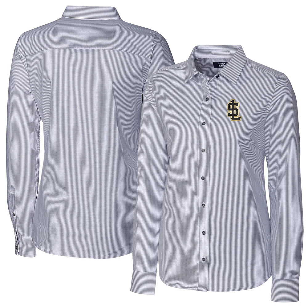 Women's Cutter & Buck Charcoal Salt Lake Bees Stretch Oxford Stripe Long Sleeve Button-Up Dress Shirt