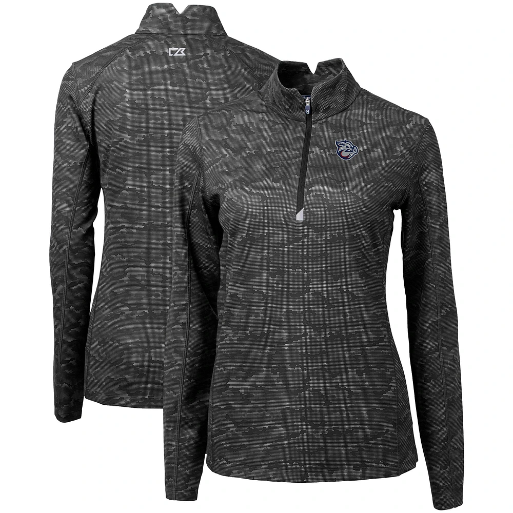 Women's Cutter & Buck Black Lehigh Valley IronPigs Traverse Camo Stretch Quarter-Zip Pullover Top