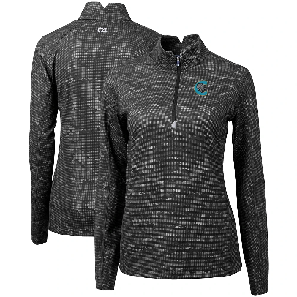 Women's Cutter & Buck Black Charlotte Knights Traverse Camo Stretch Quarter-Zip Pullover Top