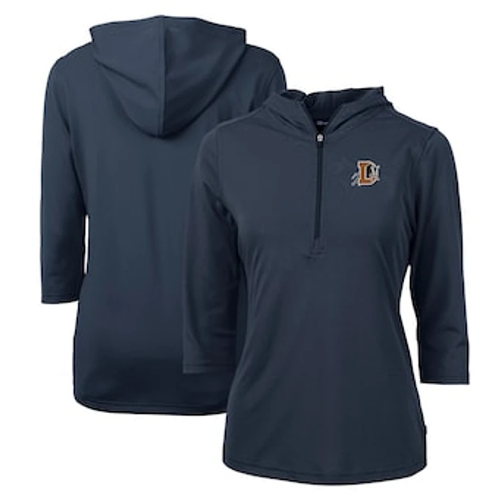 Women's Cutter & Buck Navy Durham Bulls Virtue Eco Pique Recycled 3/4-Sleeve Half-Zip Pullover Hoodie