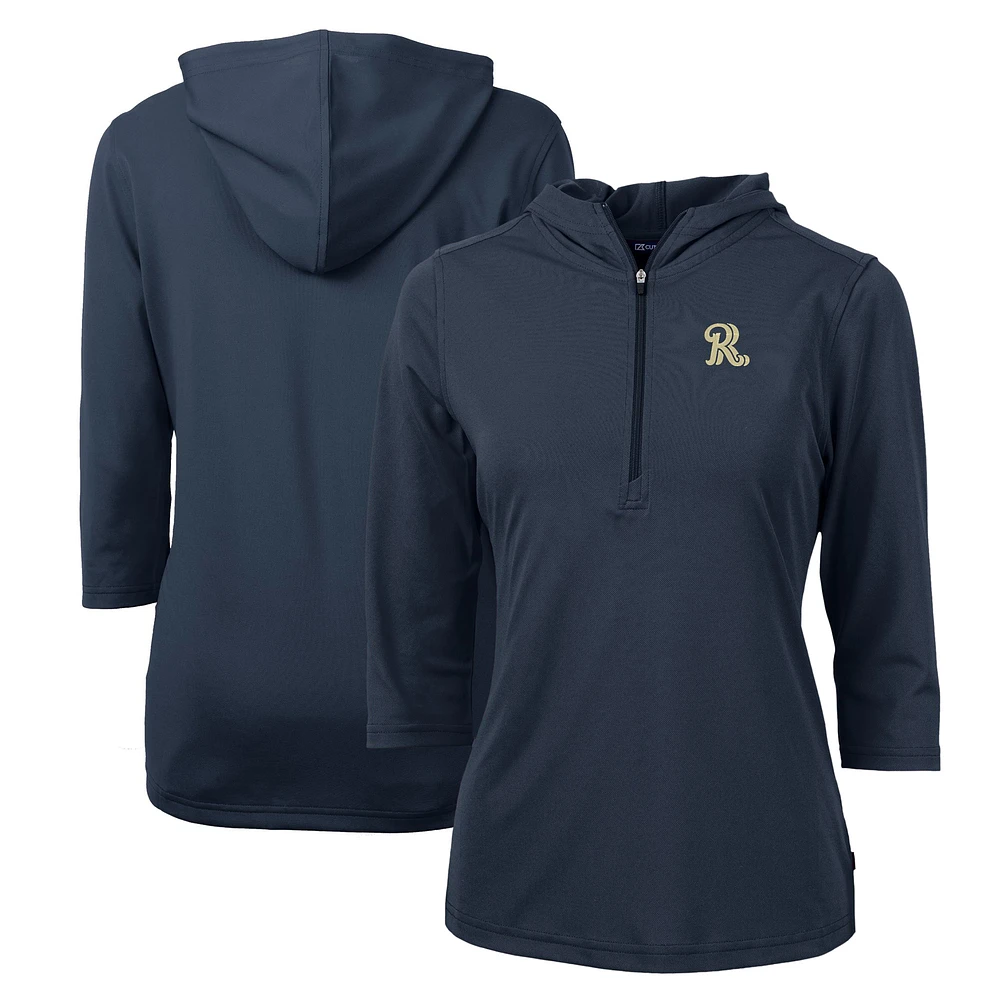 Women's Cutter & Buck Navy Frisco RoughRiders Virtue Eco Pique Recycled 3/4-Sleeve Half-Zip Pullover Hoodie