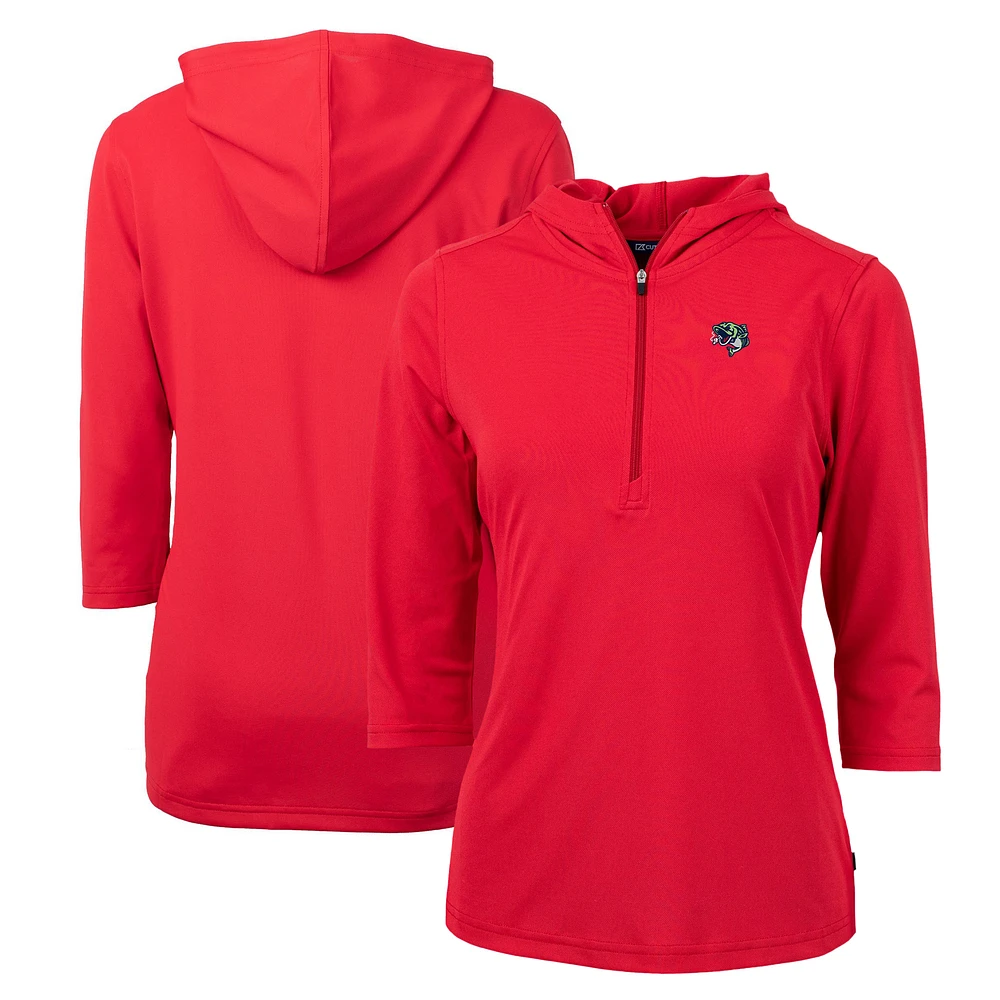 Women's Cutter & Buck Red Gwinnett Stripers Virtue Eco Pique Recycled 3/4-Sleeve Half-Zip Pullover Hoodie