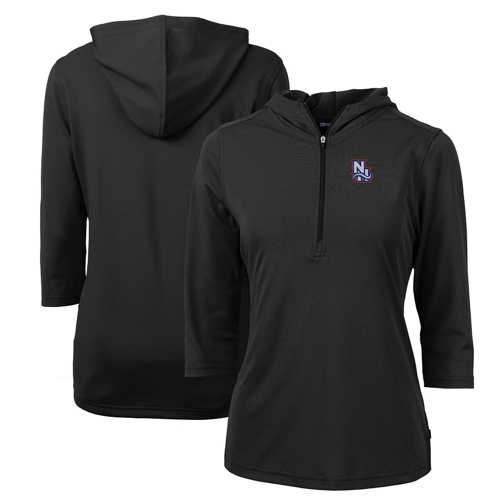 Women's Cutter & Buck Black New Hampshire Fisher Cats Virtue Eco Pique Recycled 3/4-Sleeve Half-Zip Pullover Hoodie