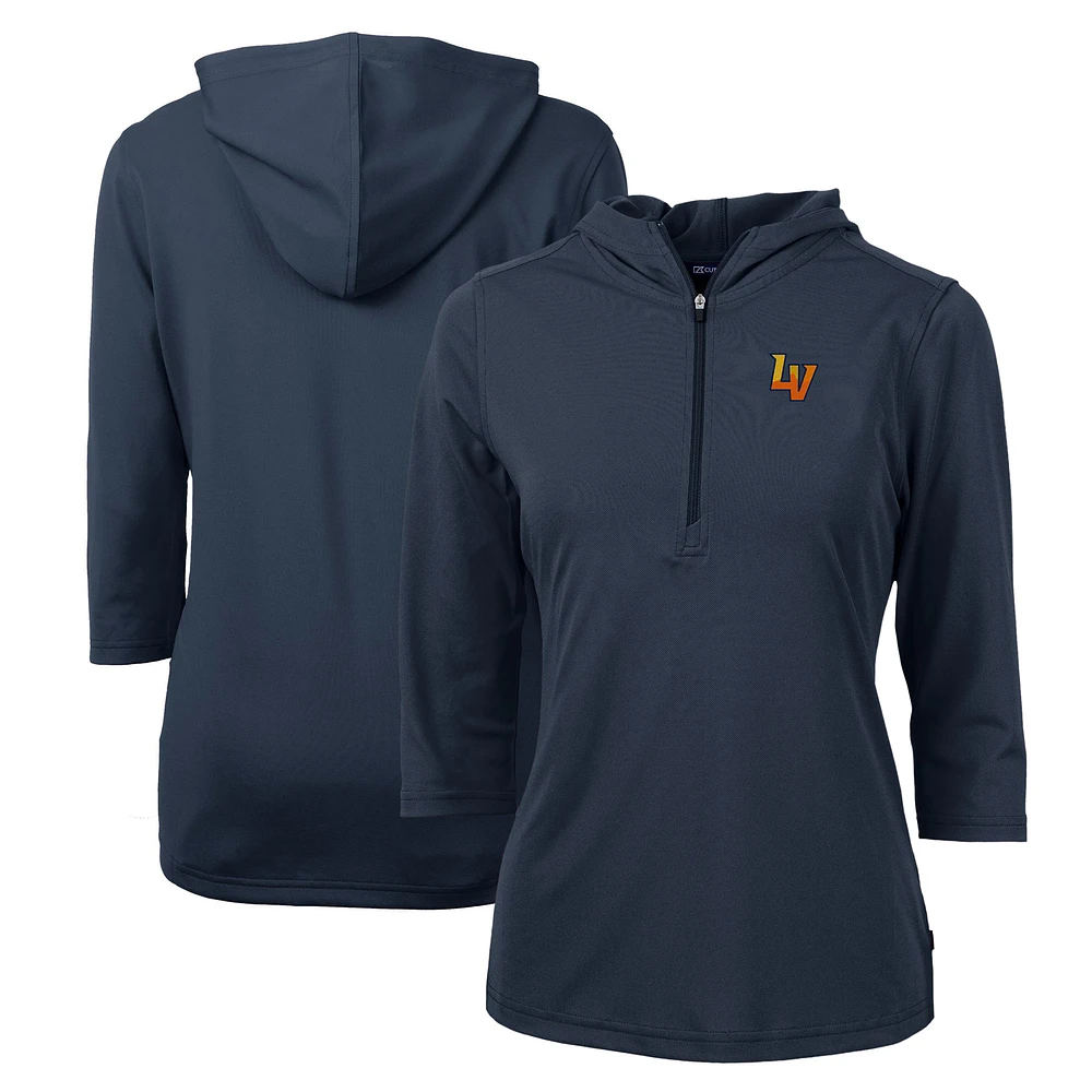 Women's Cutter & Buck Navy Las Vegas Aviators Virtue Eco Pique Recycled 3/4-Sleeve Half-Zip Pullover Hoodie