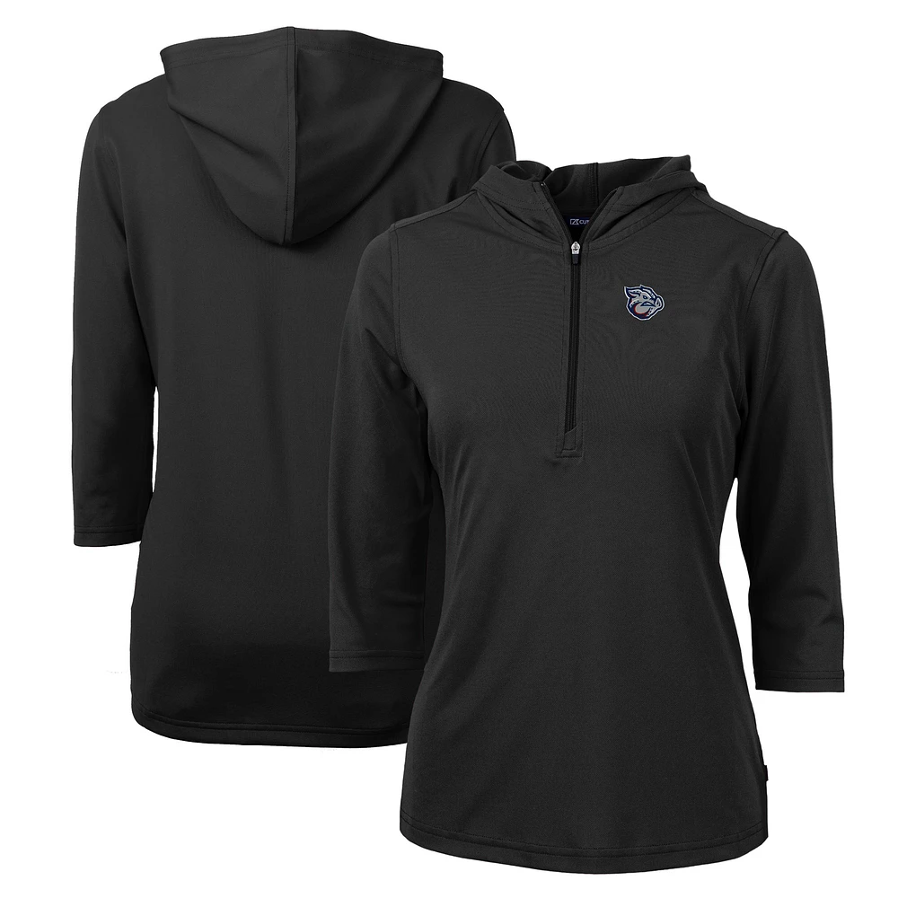 Women's Cutter & Buck Black Lehigh Valley IronPigs Virtue Eco Pique Recycled 3/4-Sleeve Half-Zip Pullover Hoodie