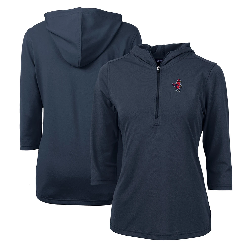 Women's Cutter & Buck Navy Memphis Redbirds Virtue Eco Pique Recycled 3/4-Sleeve Half-Zip Pullover Hoodie
