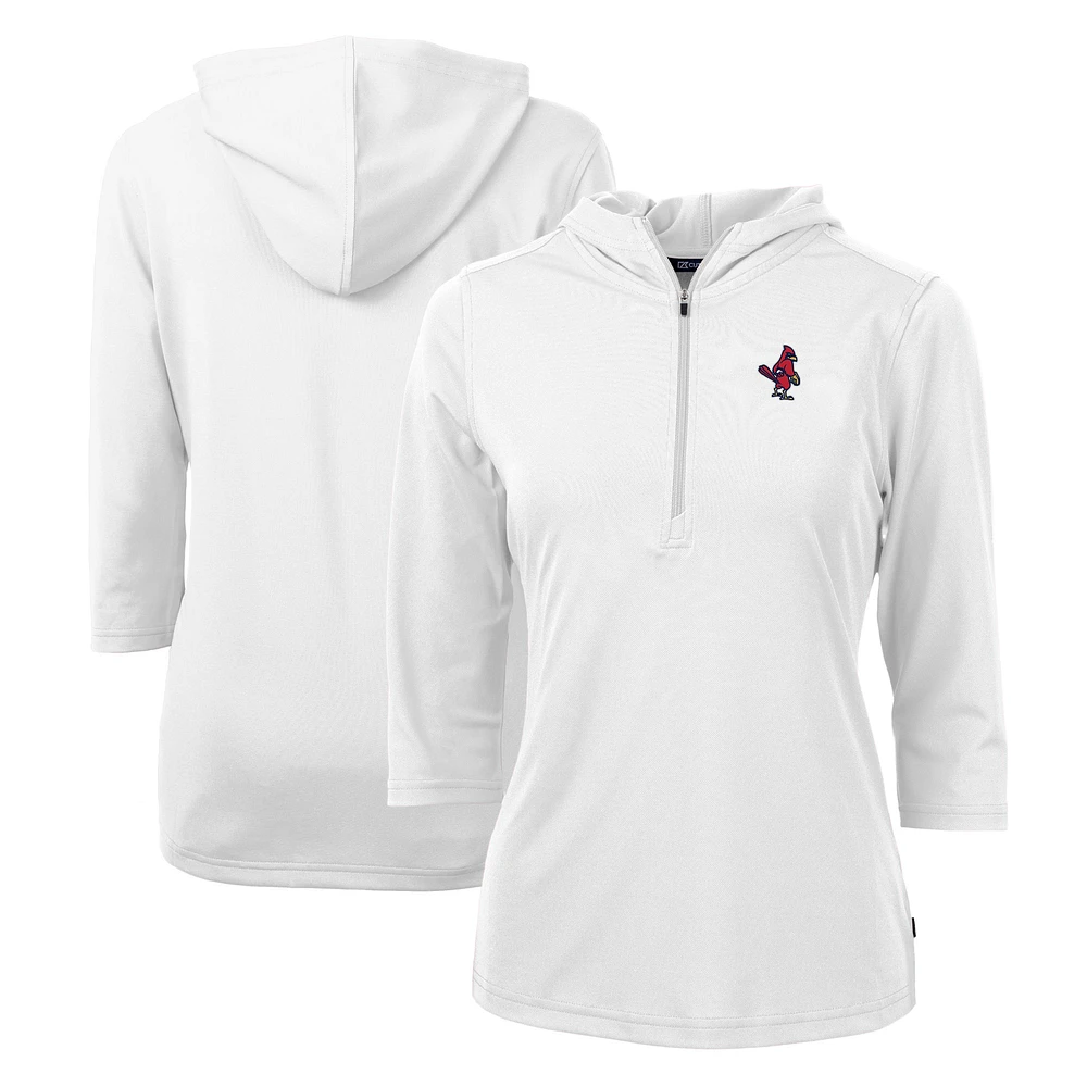 Women's Cutter & Buck White Memphis Redbirds Virtue Eco Pique Recycled 3/4-Sleeve Half-Zip Pullover Hoodie