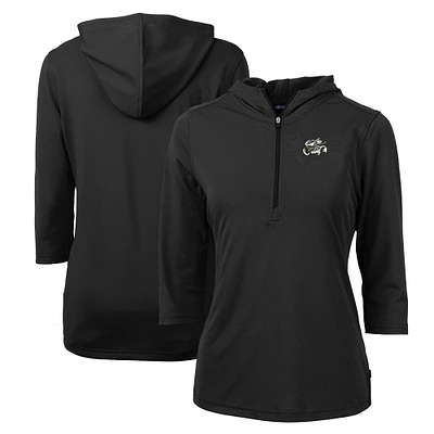 Women's Cutter & Buck Black Omaha Storm Chasers Virtue Eco Pique Recycled 3/4-Sleeve Half-Zip Pullover Hoodie