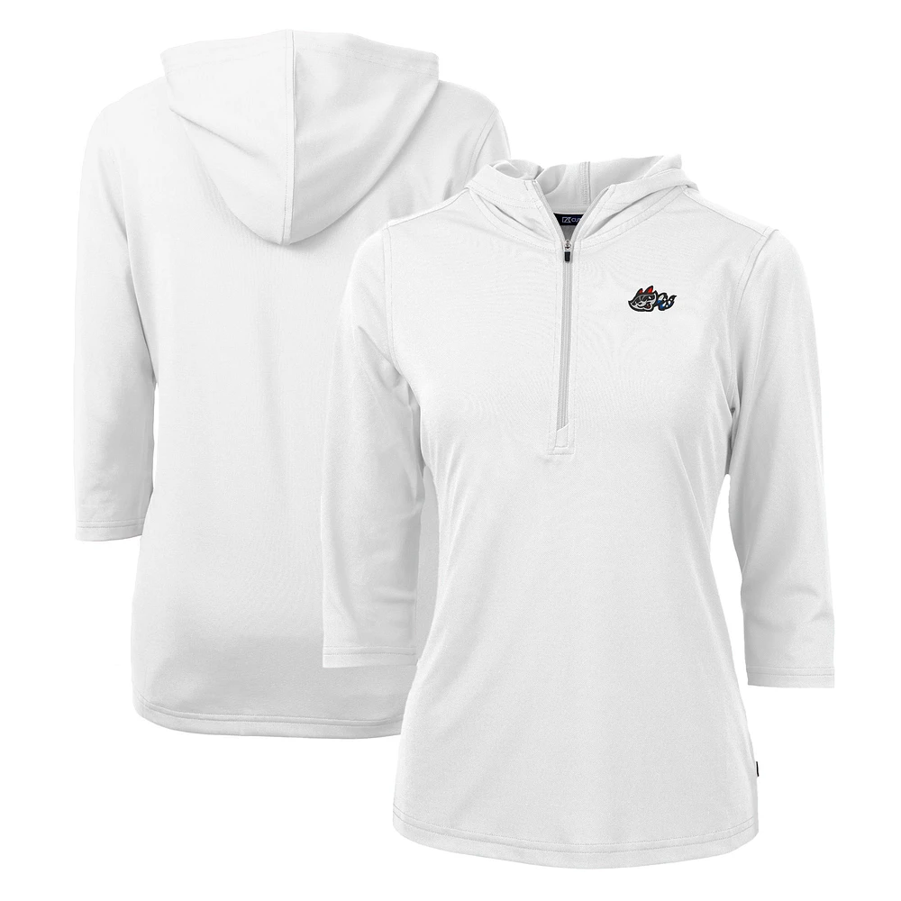 Women's Cutter & Buck White Rocket City Trash Pandas Virtue Eco Pique Recycled 3/4-Sleeve Half-Zip Pullover Hoodie