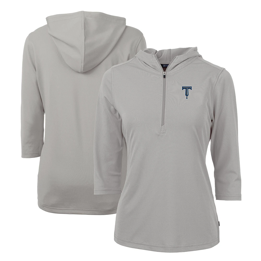 Women's Cutter & Buck Gray Tulsa Drillers Virtue Eco Pique Recycled 3/4-Sleeve Half-Zip Pullover Hoodie