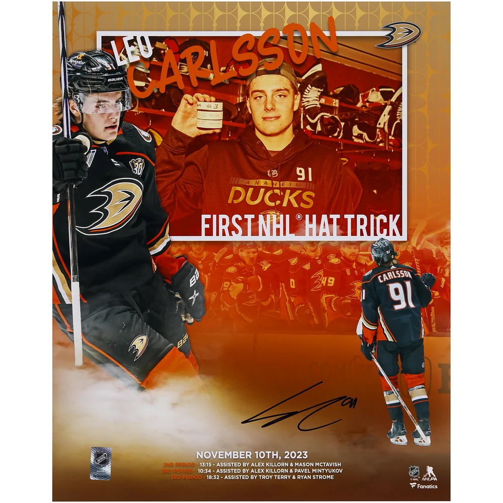 Leo Carlsson Anaheim Ducks Autographed 16" x 20" First NHL Hat Trick Stylized Photograph