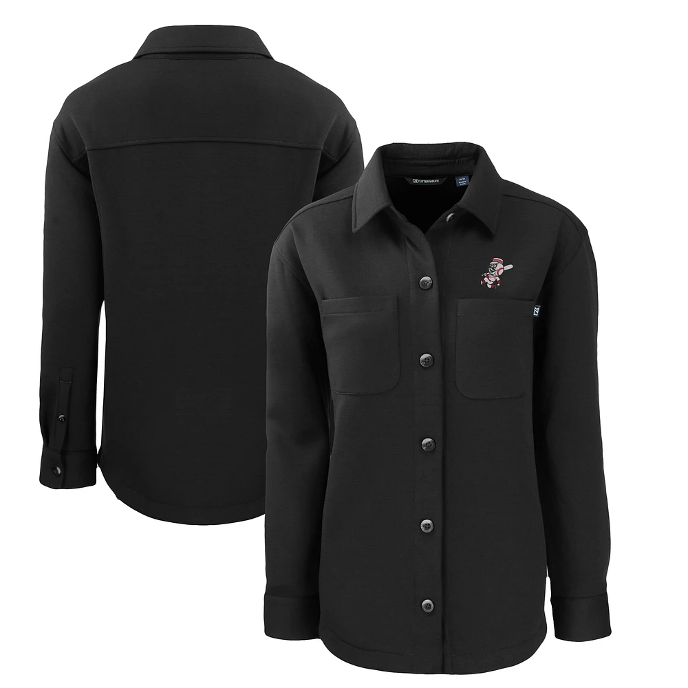 Women's Cutter & Buck Black Cincinnati Reds Cooperstown Collection Roam Eco Knit Full-Snap Shacket