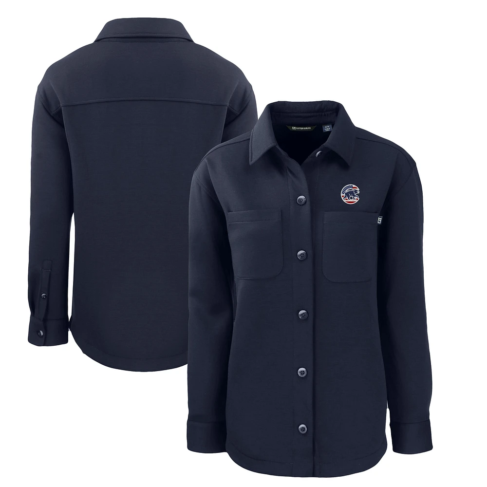 Women's Cutter & Buck Navy Chicago Cubs Americana Roam Eco Knit Full-Snap Shacket