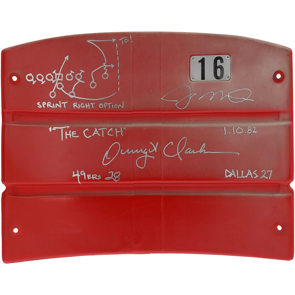 Joe Montana & Dwight Clark San Francisco 49ers Autographed Candlestick Park Seatback with Multiple Inscriptions including "The Catch" Play Drawn by Dwight Clark