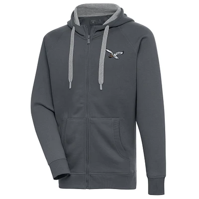Men's Antigua Charcoal Philadelphia Eagles Throwback Logo Victory Full-Zip Hoodie