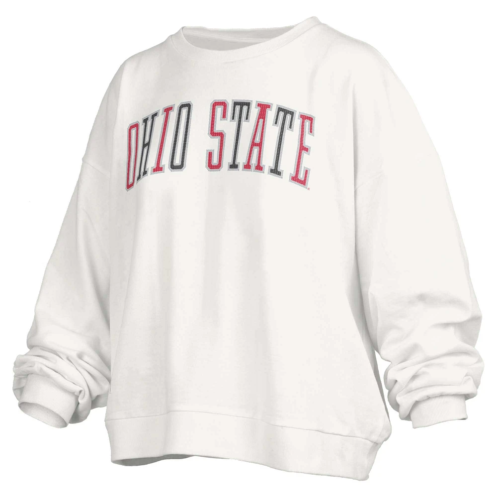Women's Pressbox White Ohio State Buckeyes Janise Sequin Waist Length Oversized Pullover Sweatshirt