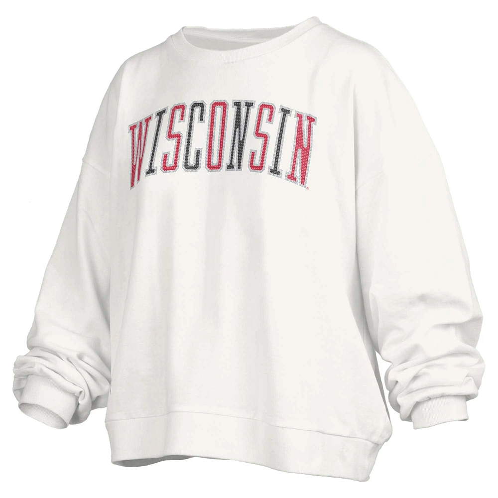 Women's Pressbox White Wisconsin Badgers Janise Sequin Waist Length Oversized Pullover Sweatshirt