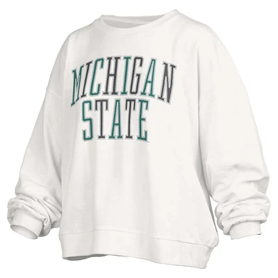 Women's Pressbox White Michigan State Spartans Janise Sequin Waist Length Oversized Pullover Sweatshirt