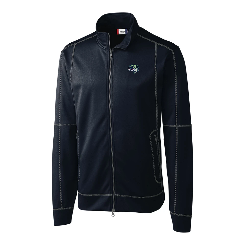 Men's Cutter & Buck Navy Gwinnett Stripers Clique Helsa Performance Full-Zip Knit Jacket