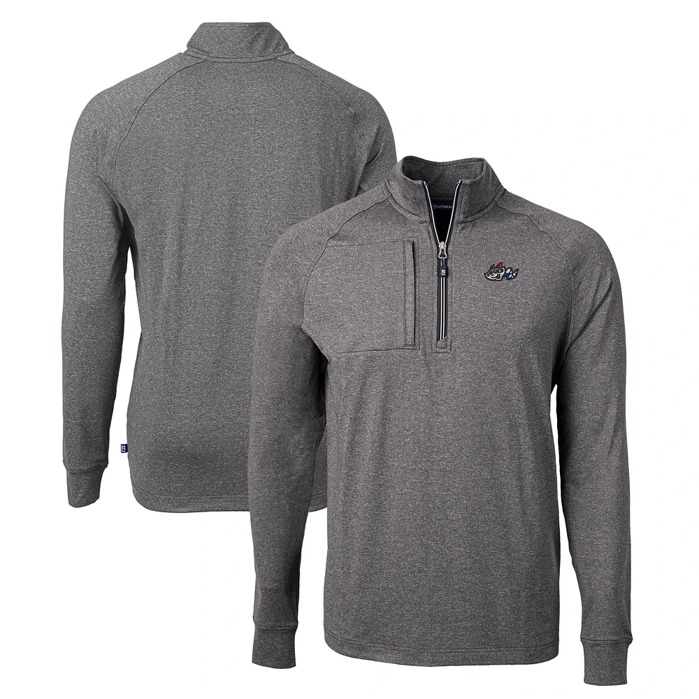 Men's Cutter & Buck Heather Rocket City Trash Pandas Adapt Eco Knit Recycled Quarter-Zip Pullover