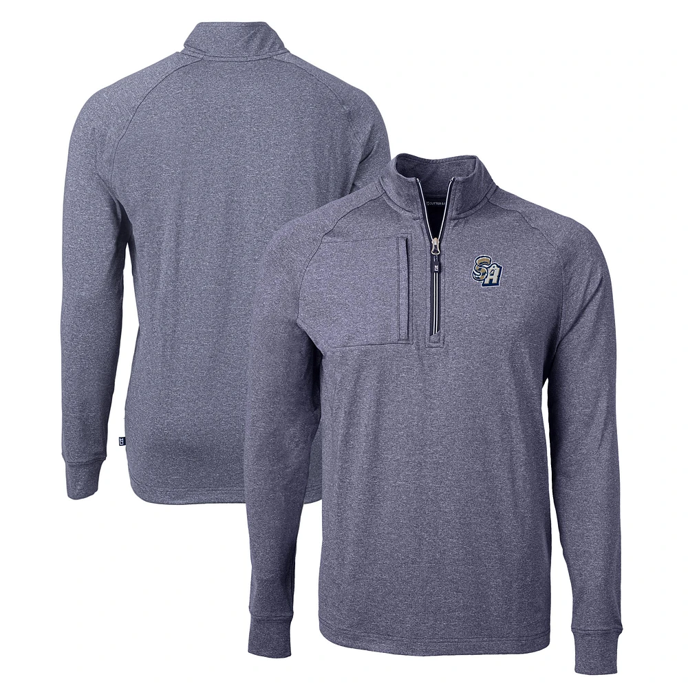 Men's Cutter & Buck Heather Navy San Antonio Missions Adapt Eco Knit Recycled Quarter-Zip Pullover