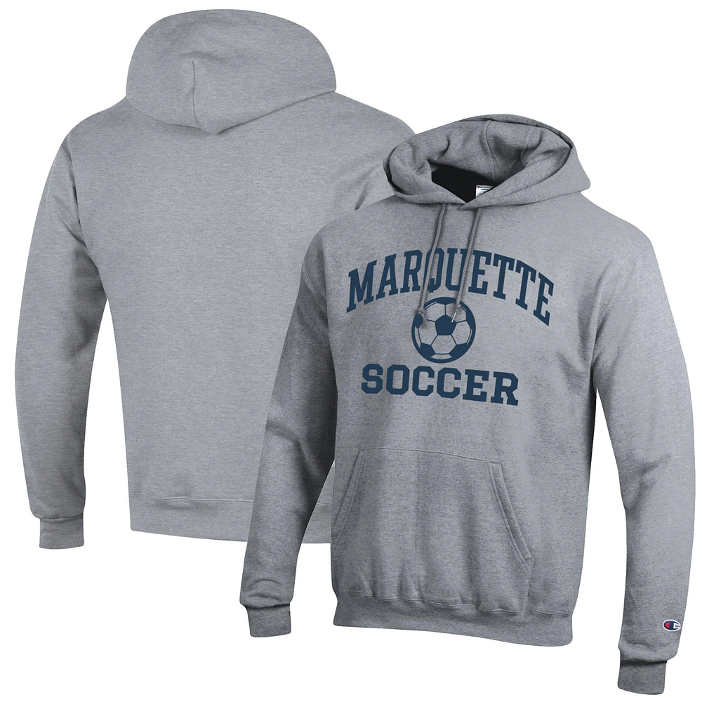 Men's Champion Heather Gray Marquette Golden Eagles Soccer Icon Powerblend Pullover Hoodie