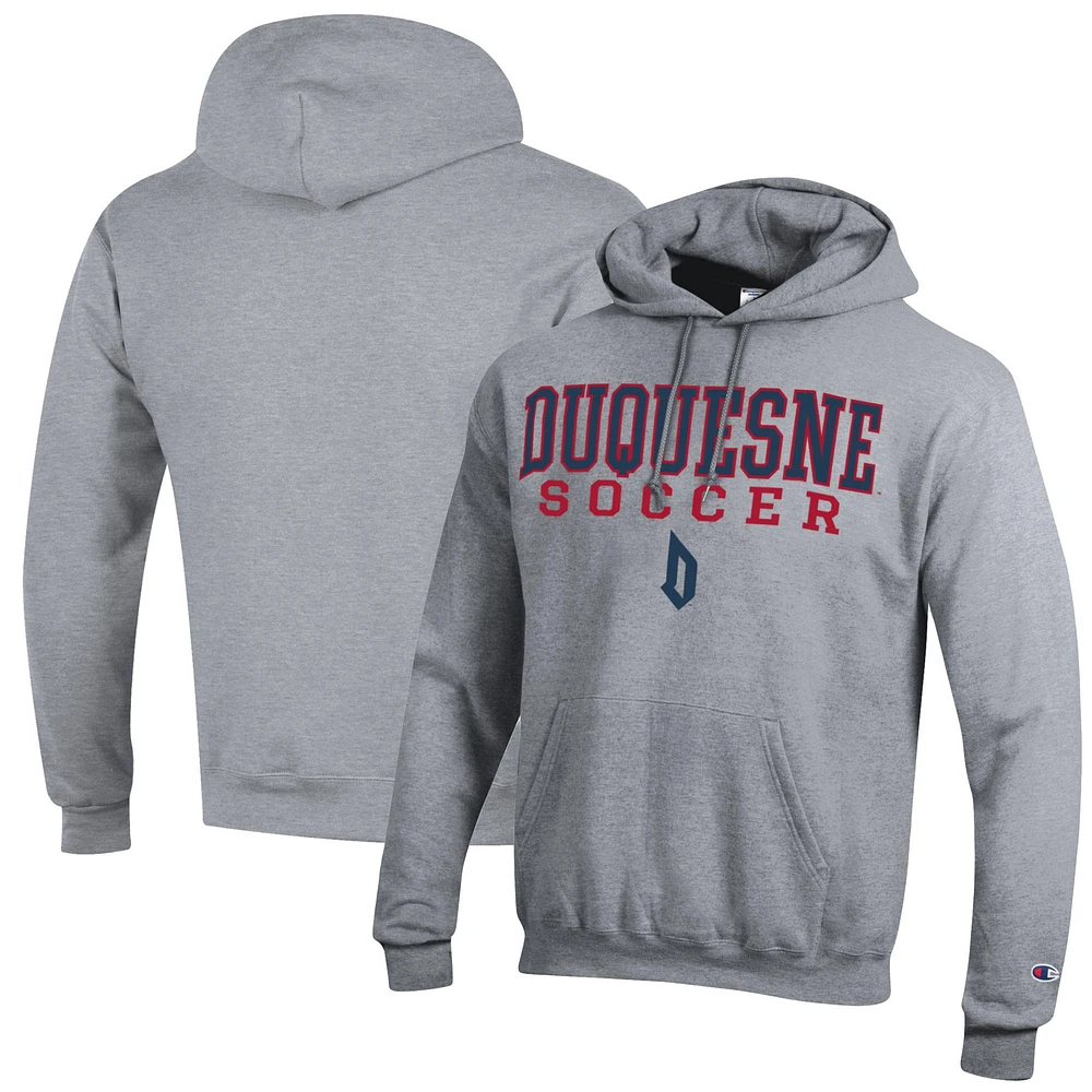 Men's Champion Heather Gray Duquesne Dukes Soccer Stack Logo Powerblend Pullover Hoodie