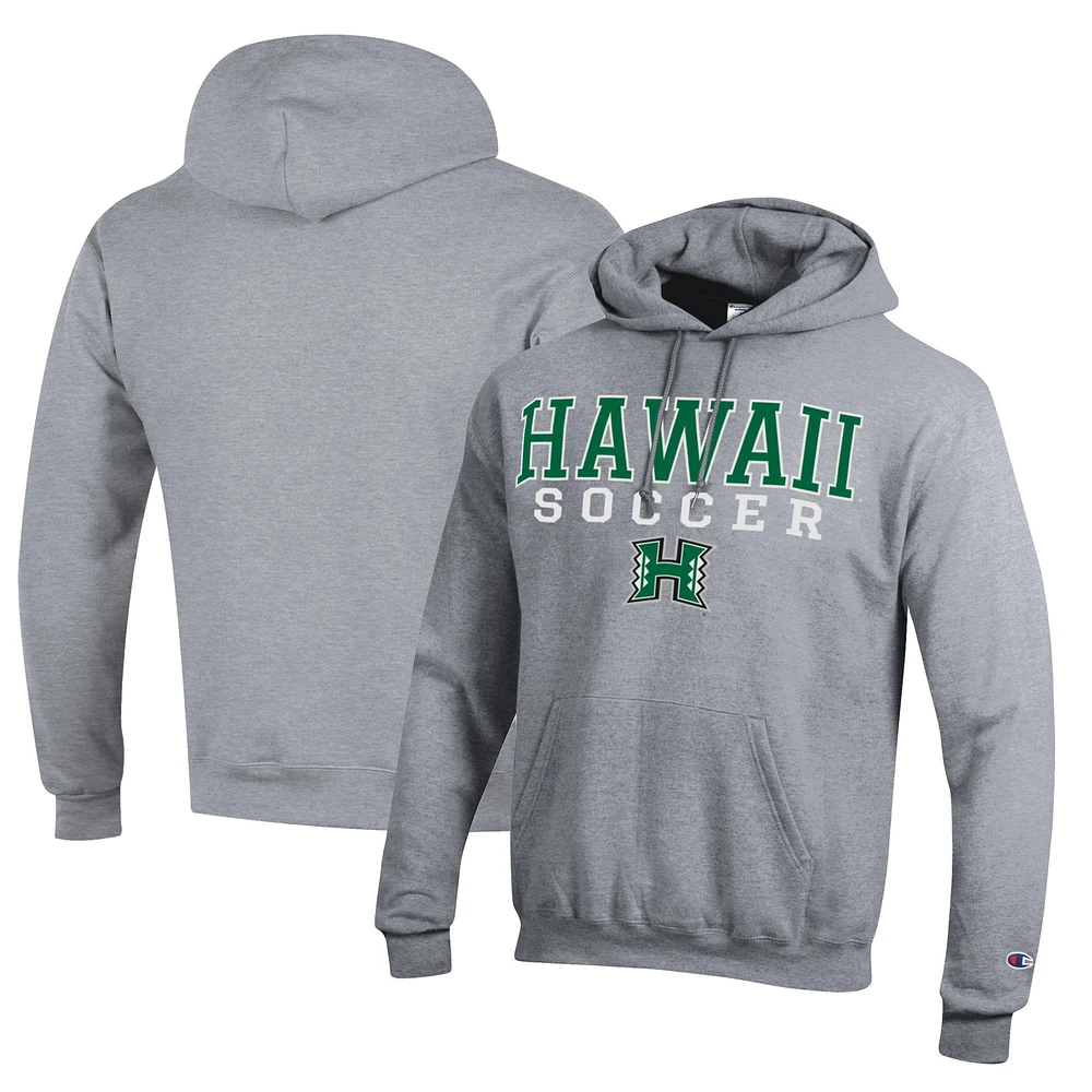 Men's Champion Heather Gray Hawaii Rainbow Warriors Soccer Stack Logo Powerblend Pullover Hoodie