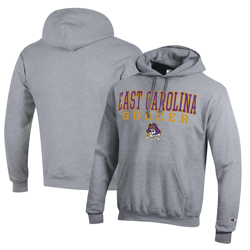 Men's Champion Heather Gray ECU Pirates Soccer Stack Logo Powerblend Pullover Hoodie