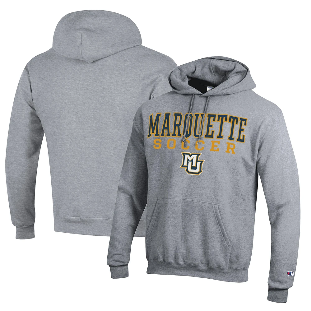 Men's Champion Heather Gray Marquette Golden Eagles Soccer Stack Logo Powerblend Pullover Hoodie