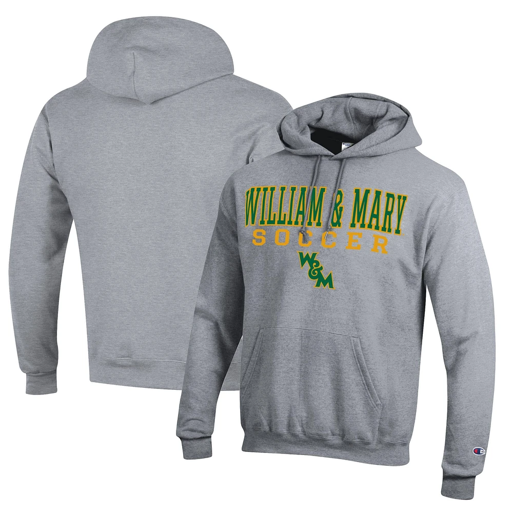 Men's Champion Heather Gray William & Mary Tribe Soccer Stack Logo Powerblend Pullover Hoodie