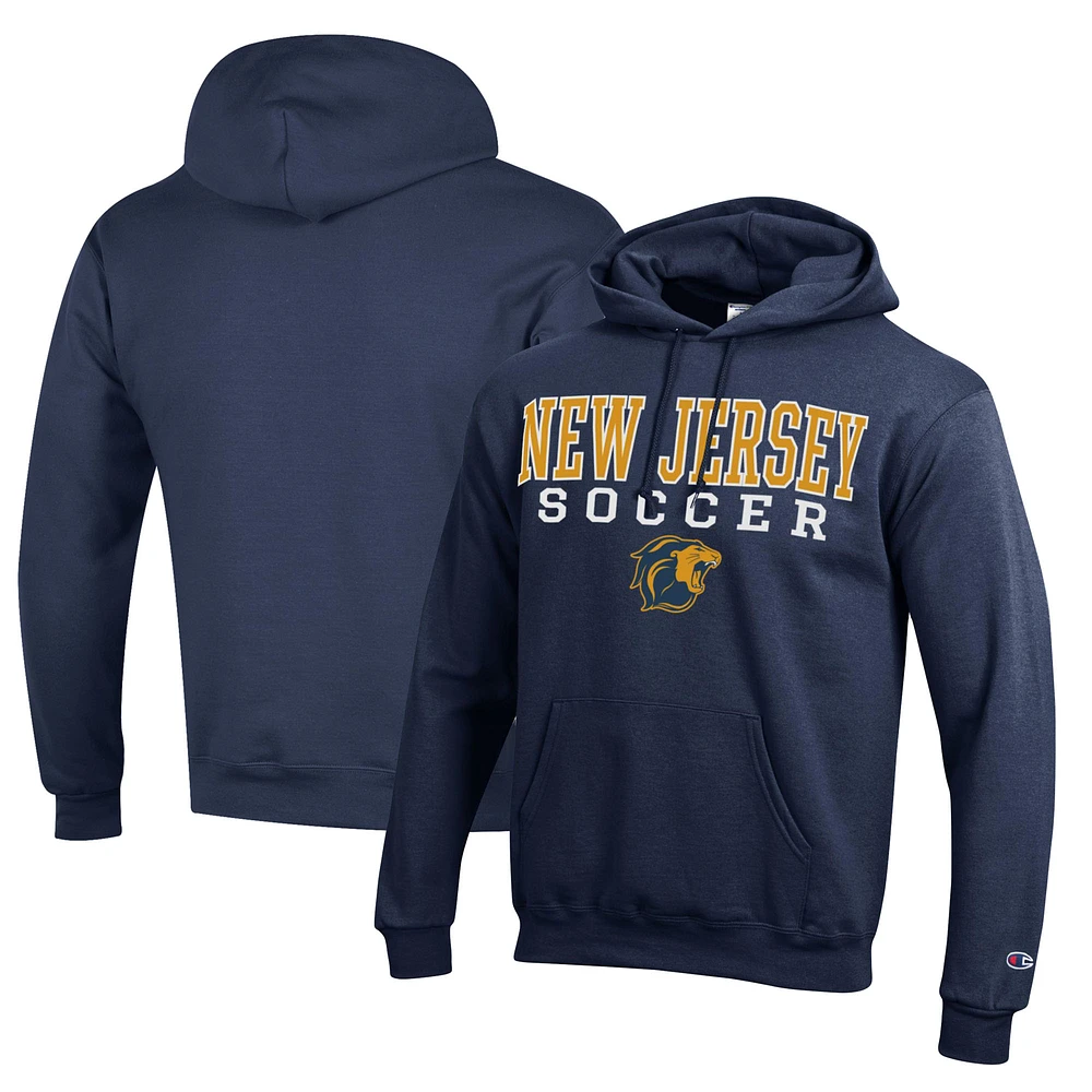 Men's Champion Navy College of New Jersey Lions Soccer Stack Logo Powerblend Pullover Hoodie