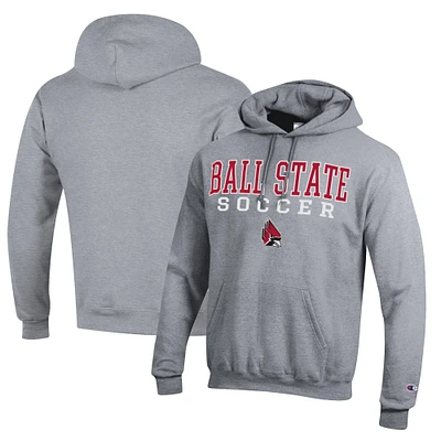 Men's Champion Heather Gray Ball State Cardinals Soccer Stack Logo Powerblend Pullover Hoodie