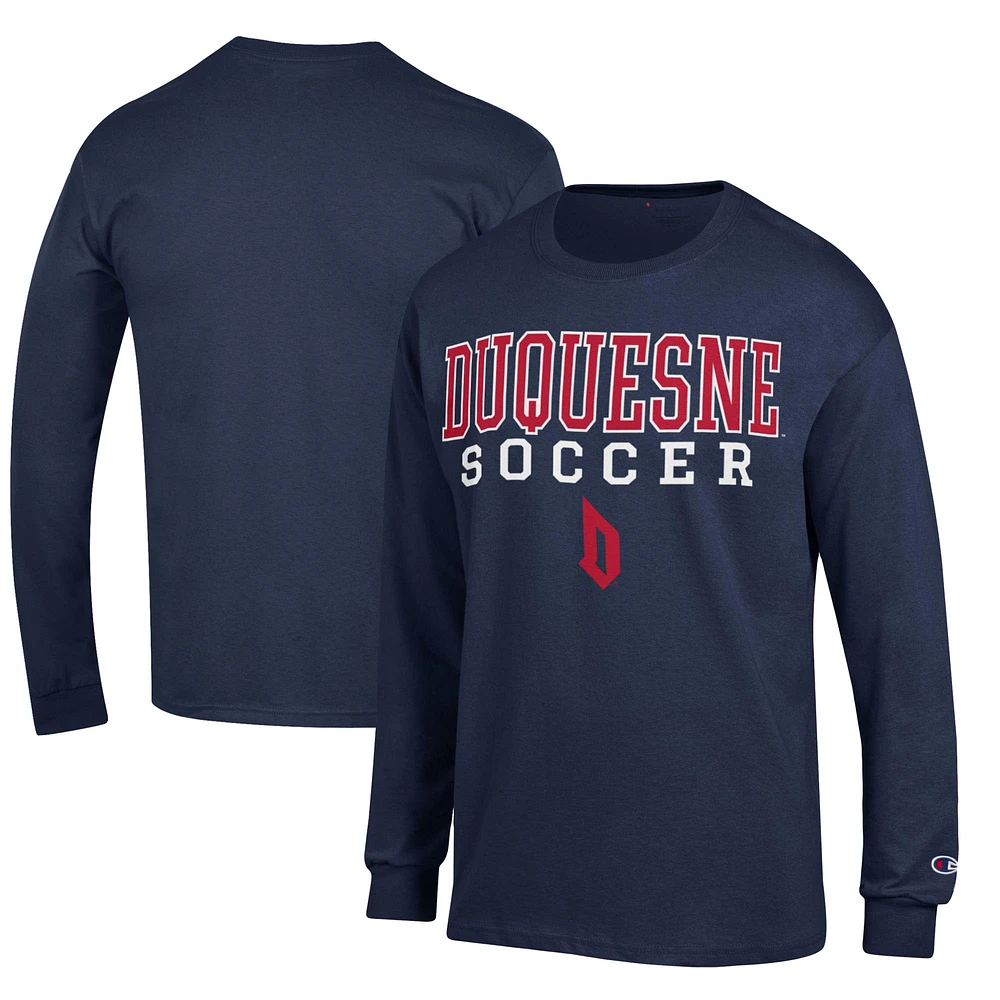 Men's Champion Navy Duquesne Dukes Soccer Stacked Logo Long Sleeve T-Shirt