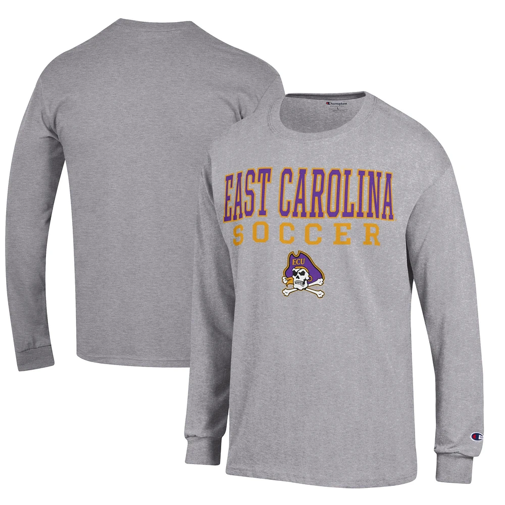 Men's Champion Heather Gray ECU Pirates Soccer Stacked Logo Long Sleeve T-Shirt