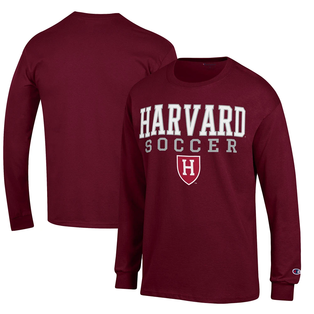 Men's Champion Crimson Harvard Soccer Stacked Logo Long Sleeve T-Shirt