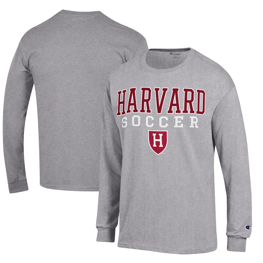 Men's Champion Heather Gray Harvard Crimson Soccer Stacked Logo Long Sleeve T-Shirt